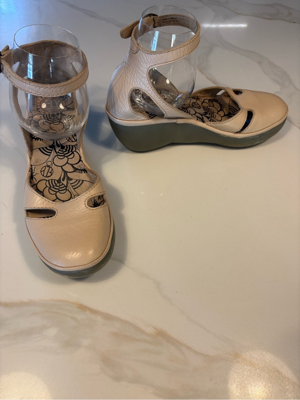 Fly London Women's Cream Leather Ankle-Strap Wedges